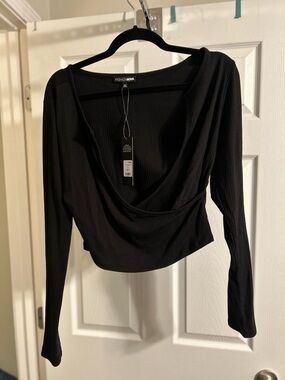 Fashion Nova Black Draped Cowl Long-Sleeve Crop Top